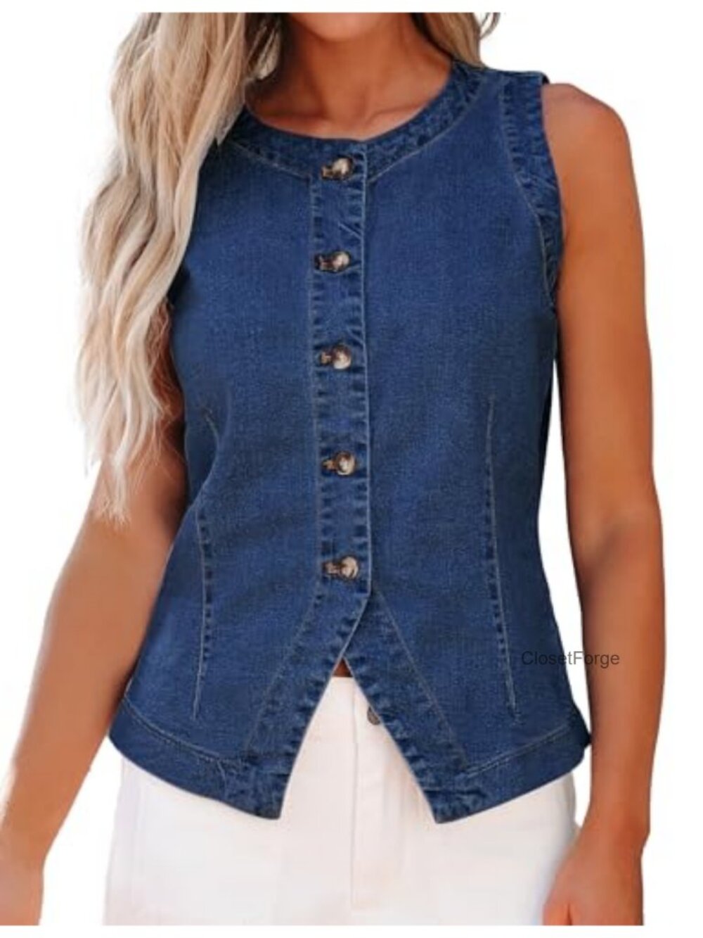 Denim Vest for Women Sleeveless Stretchy Jean Vest Top Button Down Crewneck
